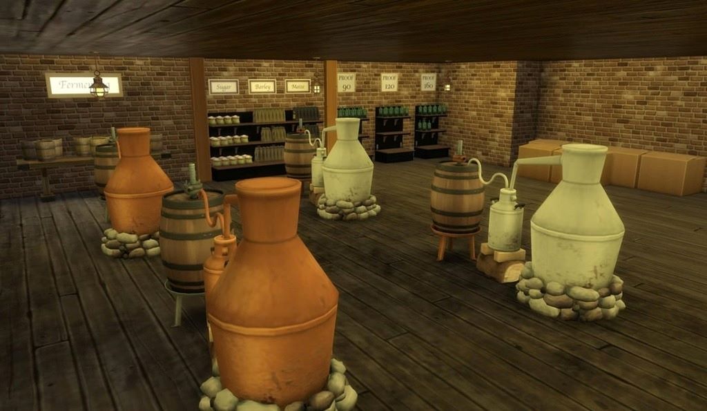 The Sims 4 alcohol crafting station showing moonshine fermentation progress indicator