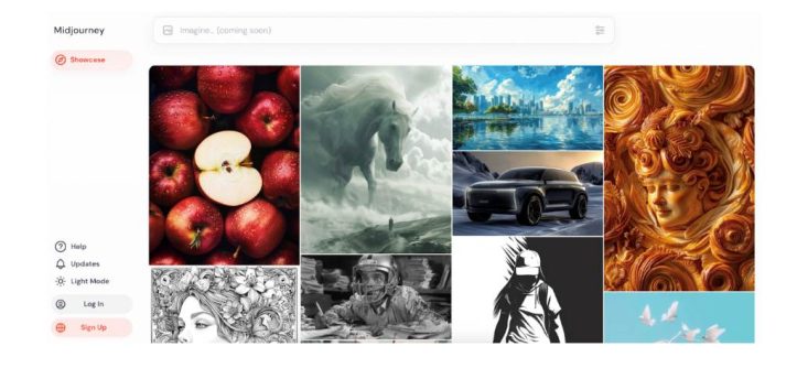 Midjourney web app interface showing text prompt entry and AI images generated