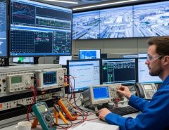 Technician testing telemetry equipment with diagnostic tools in industrial control room