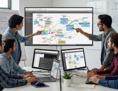 Software development team collaborating around computer screens reviewing CASE tool interface showing code architecture diagrams