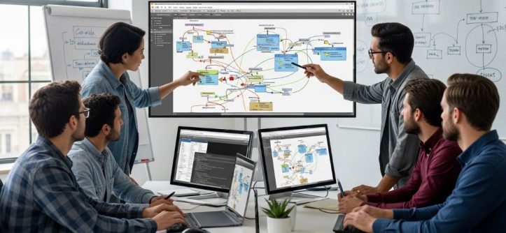 Software development team collaborating around computer screens reviewing CASE tool interface showing code architecture diagrams