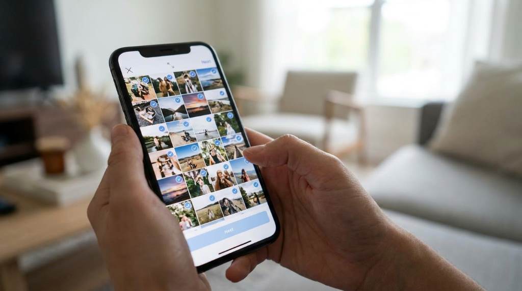 Business owner organizing multiple Instagram product photos for social media marketing campaign