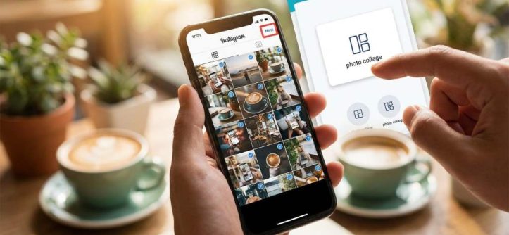 Person uploading more than 10 photos on Instagram carousel using smartphone app interface