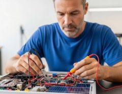 Technician solving real electrical engineering problems with circuit analysis in Texas