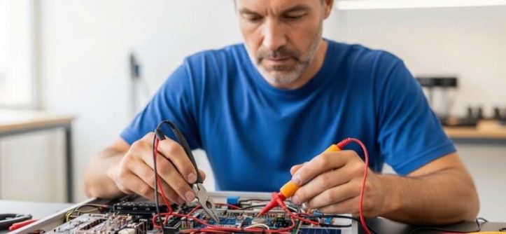 Technician solving real electrical engineering problems with circuit analysis in Texas