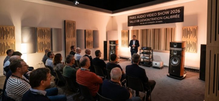 Visitors listening to high fidelity speakers in a calibrated demonstration room at the Paris Audio Video Show 2026 inside the Palais des Congrès de Paris