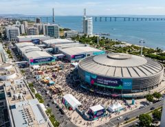 Aerial view of Lisbon's Parque das Nações district with MEO Arena, venue of Web Summit Lisbon 2026