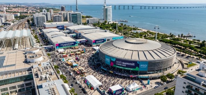 Aerial view of Lisbon's Parque das Nações district with MEO Arena, venue of Web Summit Lisbon 2026