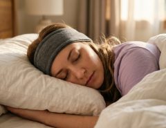 Woman sleeping comfortably on her side wearing a flat fabric sleep headband.