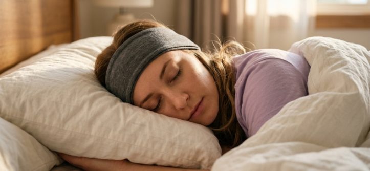 Woman sleeping comfortably on her side wearing a flat fabric sleep headband.