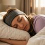 Woman sleeping comfortably on her side wearing a flat fabric sleep headband.