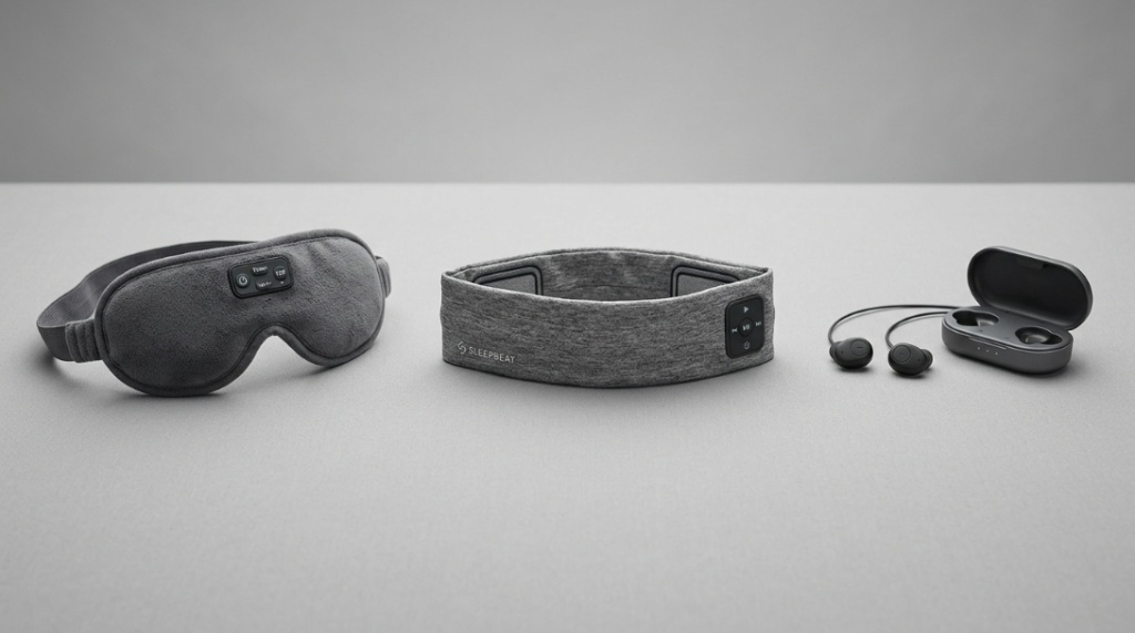 Three different styles of comfortable sleep headphones arranged on a clean background.