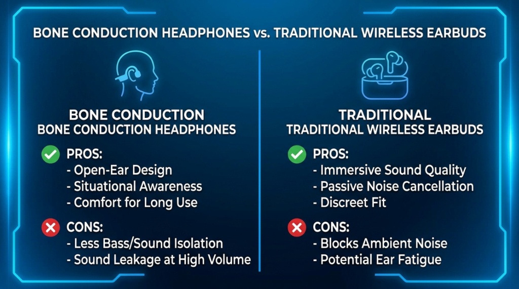 Comparison chart detailing differences between bone conduction headphones and traditional earbuds.