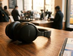 Bose QuietComfort headphones resting on a wooden coffee shop table in New York.
