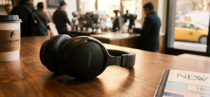Bose QuietComfort headphones resting on a wooden coffee shop table in New York.