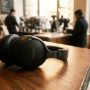 Bose QuietComfort headphones resting on a wooden coffee shop table in New York.