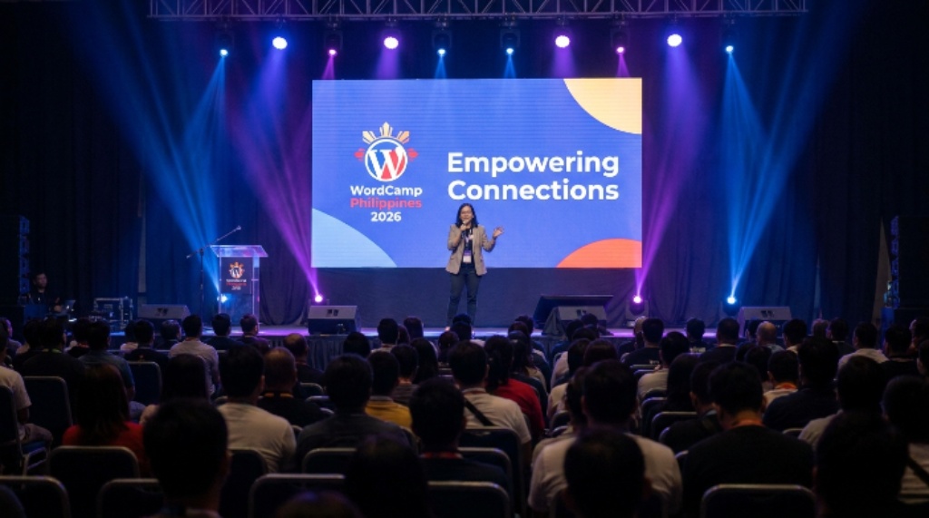 Speaker presenting on stage at WordCamp Philippines 2026 conference