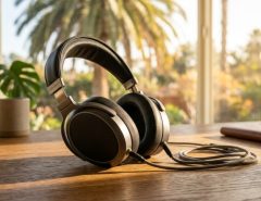 Person wearing black headphones on sunny Venice Beach balcony