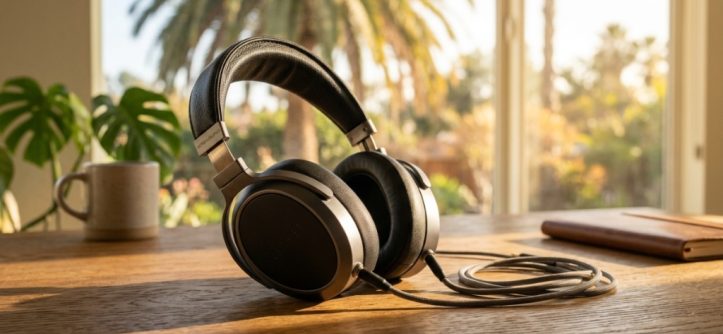 Person wearing black headphones on sunny Venice Beach balcony