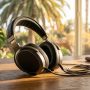 Person wearing black headphones on sunny Venice Beach balcony