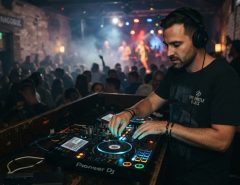 Male DJ adjusting audio controls wearing professional over-ear headphones in venue.