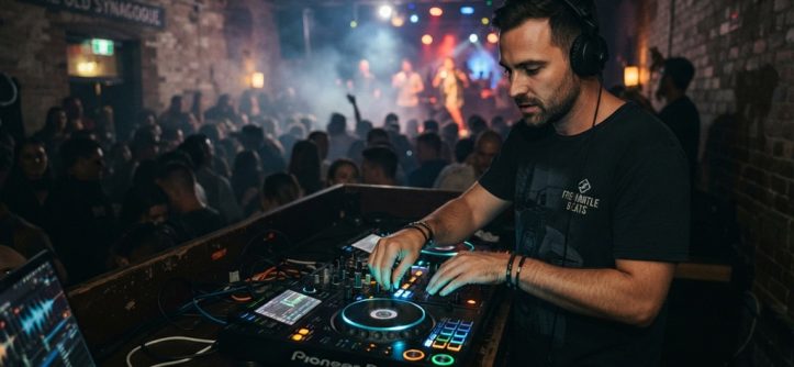 Male DJ adjusting audio controls wearing professional over-ear headphones in venue.