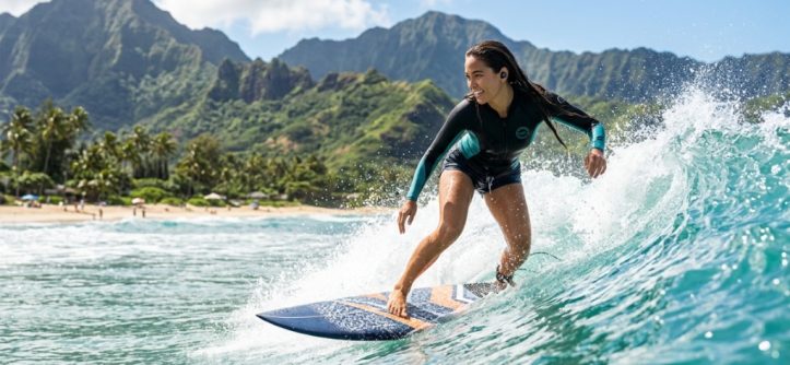 Surfer wearing waterproof earbuds on a scenic Hawaiian wave.