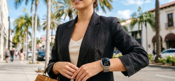 Stylish person wearing a luxury smartwatch outdoors on a sunny California street.