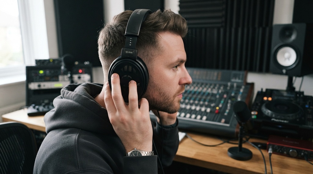 Male DJ holding swiveled over-ear headphone cup to test sound isolation.