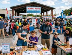 Families exploring interactive maker exhibits at Maker Faire Orlando 2026 at the Central Florida Fairgrounds