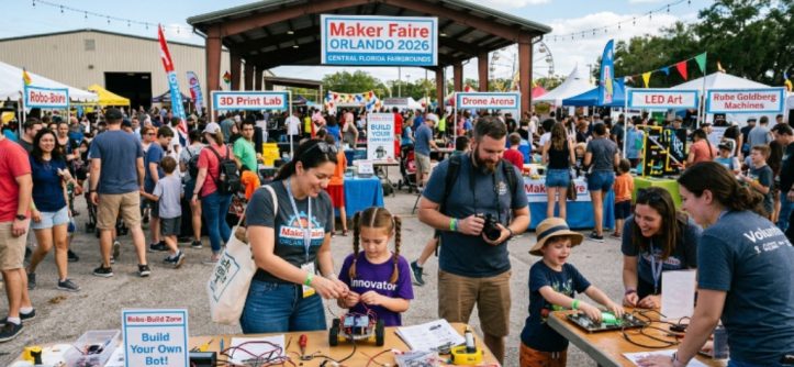 Families exploring interactive maker exhibits at Maker Faire Orlando 2026 at the Central Florida Fairgrounds