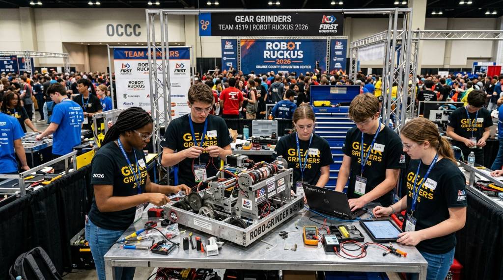 Student robot builders working in the pit area at Robot Ruckus 2026 at the Orange County Convention Center