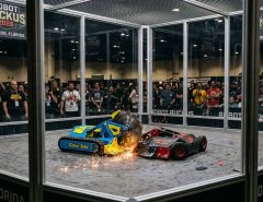Combat robots battling inside a clear polycarbonate arena at Robot Ruckus 2026 in Orlando Florida