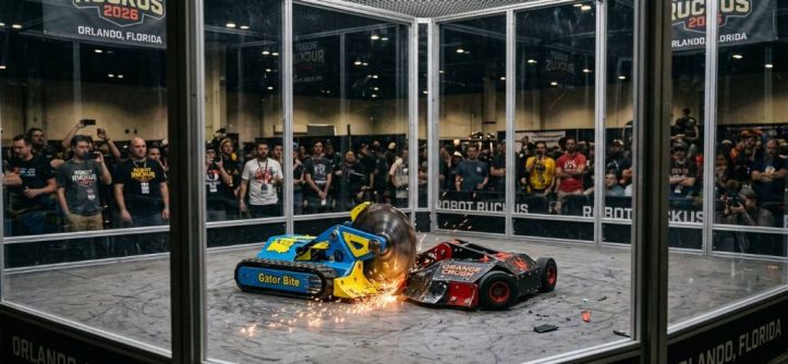 Combat robots battling inside a clear polycarbonate arena at Robot Ruckus 2026 in Orlando Florida