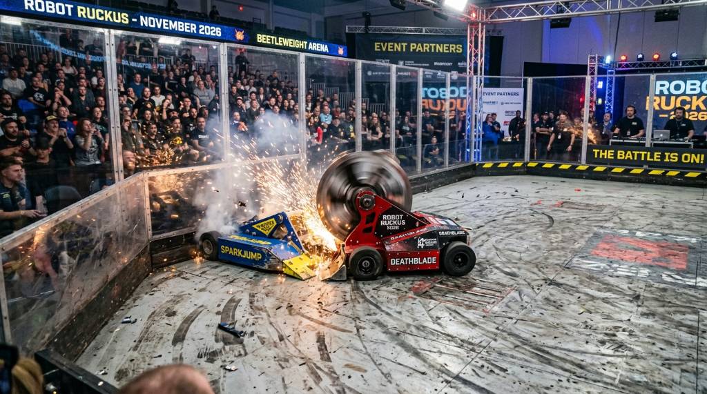 Beetleweight robot spinner competing in the arena at Robot Ruckus 2026 November event