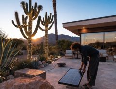 Man setting up warm solar Christmas lights around desert garden cacti.