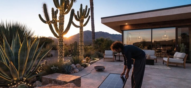 Man setting up warm solar Christmas lights around desert garden cacti.